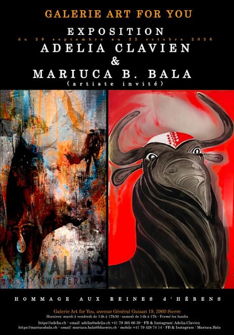 ExpositionSierre_Ad_Mariuca 2026 - Exposition Adelia Clavien & Mariuca B. Bala (artiste invité) à Galerie ART FOR YOU à Sierre - Suisse du 29 sept. au 22 octobre 2026