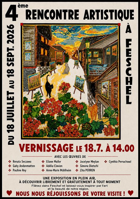 AfficheFeschel_F FESCHEL - Exposition collective 4ème rencontre artistique à Ciel ouvert dans le village de Feschel (Haut-Valais) - Suisse du 18.7 au 18.9.2026